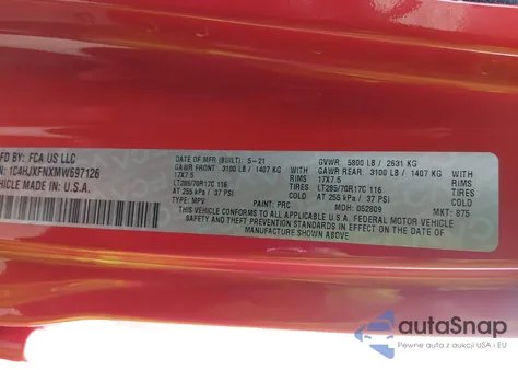 2021 Jeep Wrangler Unlimited Rubicon 4X4 z USA, uszkodzony, nr VIN 1C4HJXFNXMW697126